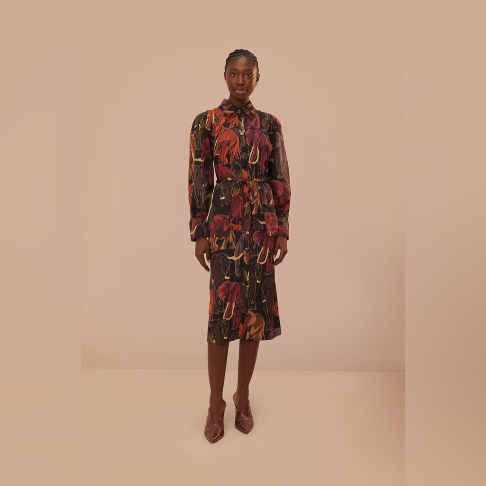 Farm Rio Brown Elephants Long Sleeve Midi Dress